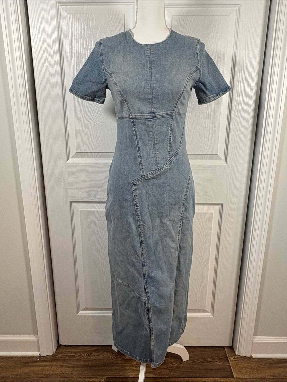 Zara Sculpted Denim Maxi Dress Bodycon Stretch Paneled Light Wash Medium